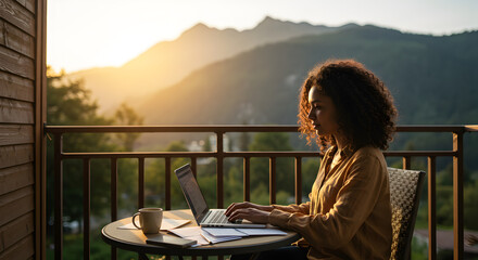 Woman working remotely on a scenic mountain balcony at sunset, enjoying the golden hour view