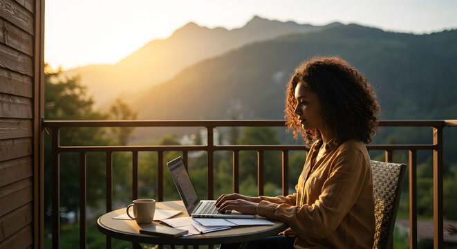 Woman working remotely on a scenic mountain balcony at sunset, enjoying the golden hour view