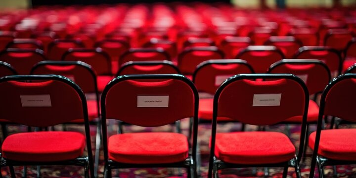 Red chairs arranged in rows, likely in a theater or conference hall, with a carpeted floor and a blurred background suggesting a large, empty space.