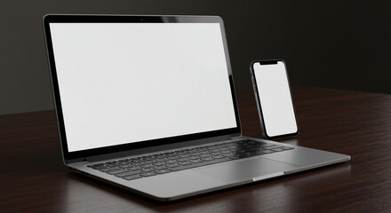 A modern laptop and smartphone with blank screens rest on a wooden surface.