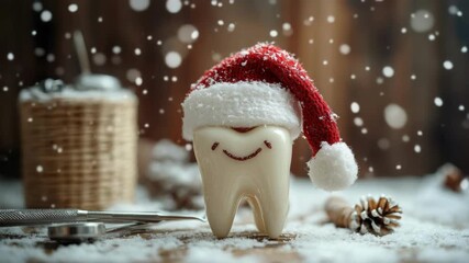 Festive tooth with santa hat surrounded by snowflakes and dental tools. Merry Christmas, Nativity, Xmas, Noel, Navidad - Global Winter Holiday, Christian Religious Celebration. Happy New Year - Powered by Adobe
