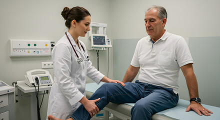 Obraz premium Doctor examining senior man's knee in clinic. Healthcare professional assesses patient for physical therapy or medical diagnosis.