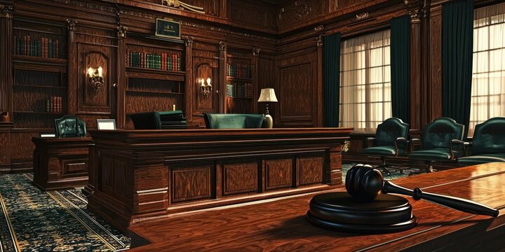 A courtroom with a judge's bench, gavel, and chairs, featuring wooden paneling and green upholstery. - Powered by Adobe