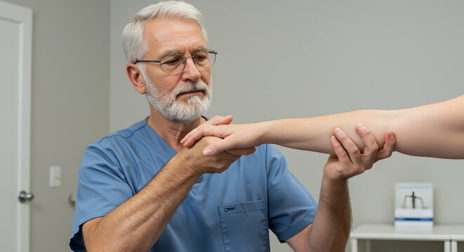 Experienced male physiotherapist assists patient with arm mobility and rehabilitation exercises in a modern medical clinic. - Powered by Adobe