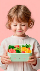 Child smiling at kawaii healthy school lunch