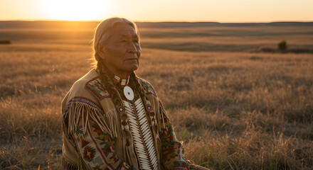 Dignified Indigenous Elder in Traditional Attire at Golden Sunset in Vast Prairie Landscape
