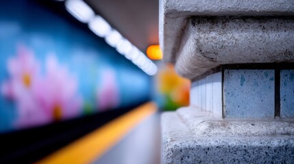 Textured stone column with blurred abstract floral background and bright lights