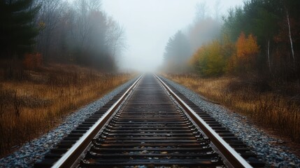 Fototapeta premium A foggy landscape featuring a railway track stretching into the distance, surrounded by trees and autumn foliage.