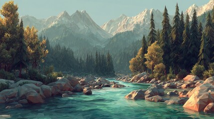 Mountain river valley, stylized digital art
