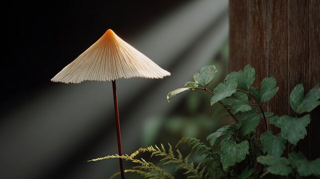 Delicate white parasol mushroom with brown stem stands near lush green leaves