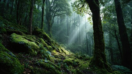 Fototapeta premium vibrant green rainforest time-lapse with magical ambiance, New Zealand flora, mossy textures, light beams, cinematic style