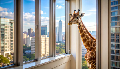 Obraz premium Giraffe Peeking Through Window, Urban Cityscape, Surreal, Modern, Bright Light.