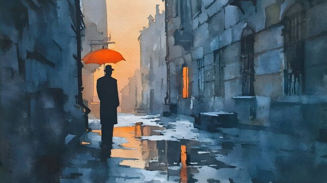 Silhouetted Person in City Alley with Orange Umbrella, Generative AI