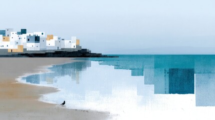 Obraz premium A small bird stands on a sandy beach near calm blue water with reflections of a white abstract village