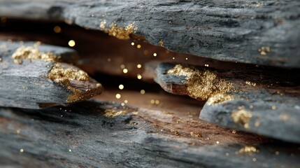 Close up view of rough grey rock layers with glittering gold dust particles
