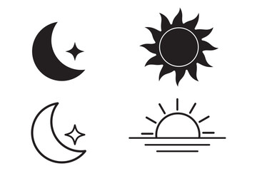 Sun and moon icons set. Dark and light mode symbol. Daytime sunset, Black color sun and moon icon set. Vector illustration. Eps10