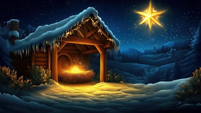 Snowy night nativity scene with wooden stable and bright star. Merry Christmas, Nativity, Xmas, Noel, Navidad - Global Winter Holiday, Christian Religious Celebration. Happy New Year