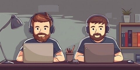 Two animated men with beards working on laptops in a home office setting.