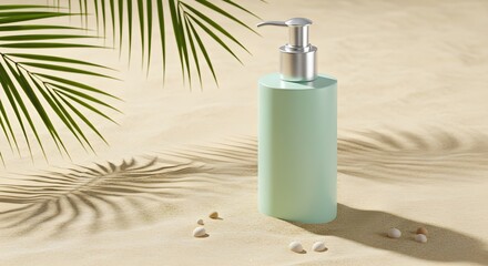 Pastel Green Lotion Bottle with Pump on Sandy Beach with Palm Leaves