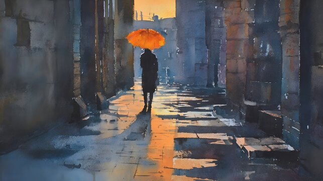 Silhouetted Person in City Alley with Orange Umbrella, Generative AI
