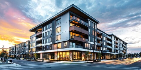 A modern residential building with a mix of commercial spaces on the ground floor, featuring large windows and balconies, set against a vibrant sunset sky.