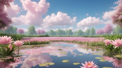 Dreamlike fantasy landscape featuring a serene pond with pink water lilies reflecting a beautiful sky with fluffy pink clouds.