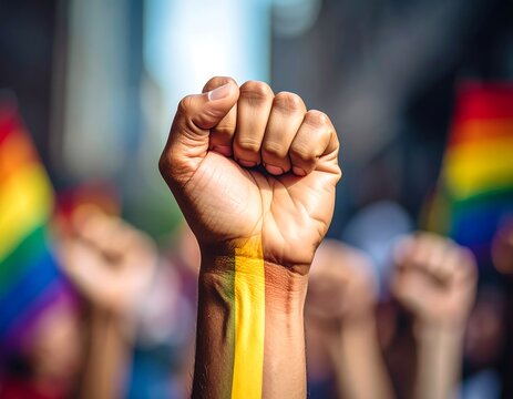 A raised fist with painted stripes, symbolizing unity and pride, is shown against a blurred background of other raised fists and rainbow flags