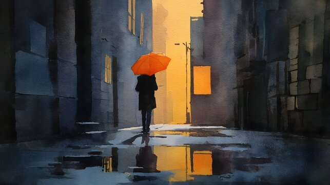 Silhouetted Person in City Alley with Orange Umbrella, Generative AI