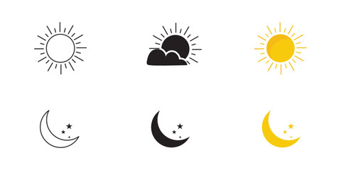 Sun and moon in the morning, noon, night. Icons on a white background. Daytime transparency logo design. Black and Yellow sun and moon icon. Variety Design. 