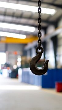 Metal Hook and Chain Suspended in an Industrial Setting with a Blurred Background Warehouse with Pale Yellow Floor and Blue Containers