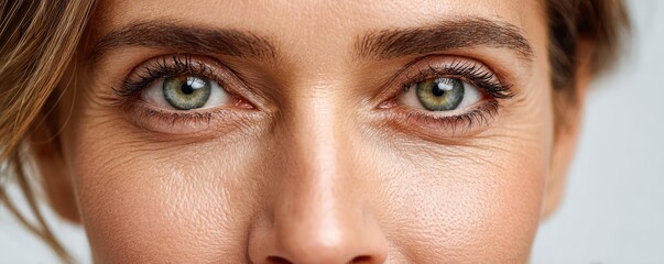 Naklejka premium Puffy eyelids with swollen circles concept. Close-up of a woman's expressive eyes with natural beauty.