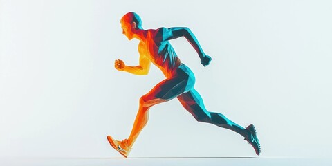 A digital illustration of a running figure with a gradient of colors, including red, orange, blue, and green, set against a plain white background.