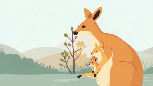 Cartoon Kangaroo with Two Joeys in Pouch, Mountain Backdrop Animation
