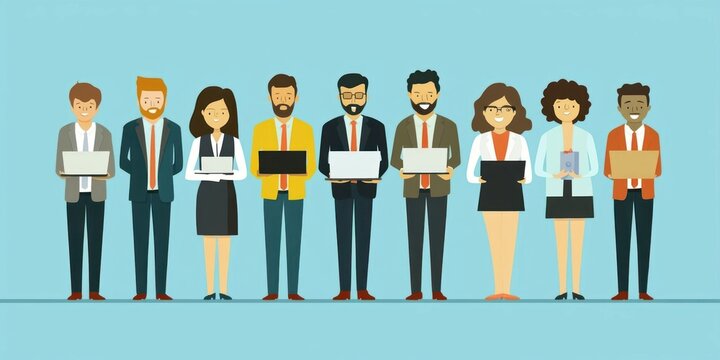 A group of diverse individuals holding laptops, standing in a line against a plain background.