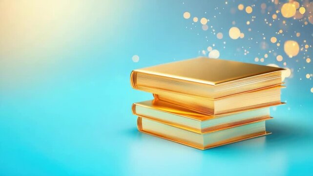 Stack of golden books with bokeh lights for education, knowledge, learning, literature, reading concepts, or gift card, holiday season and special invitation message