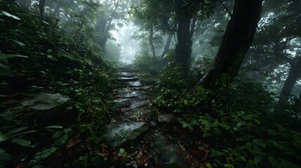 Fototapeta premium Mysterious forest path shrouded in mist and lush greenery
