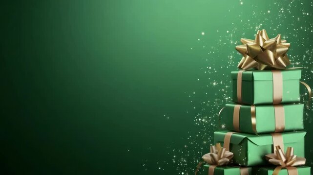 Stack of festive green gift boxes with golden ribbon and bow, with glittering light effect against dark green background with copy space for celebration, holiday or special occasion.