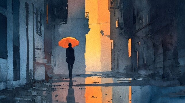 Silhouetted Person in City Alley with Orange Umbrella, Generative AI