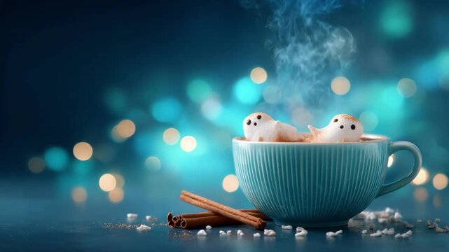 Steaming cup of Halloween hot chocolate with cute ghost marshmallows and cinnamon sticks. Spooky drink for happy Holiday celebration. All Hallows Eve, Samhain