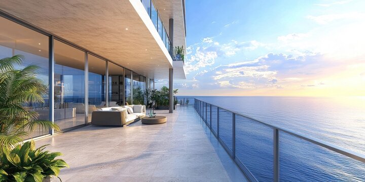 A modern, luxurious balcony overlooking the ocean at sunset.