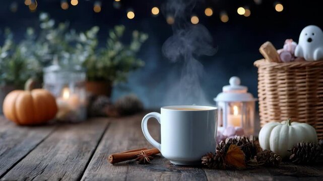 Steaming hot drink with cinnamon on rustic wooden table decorated with autumn pumpkins, pinecones, and Halloween elements. Cozy seasonal setting for holiday celebration. All Hallows Eve, Samhain