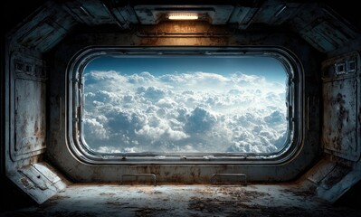 Rusty spaceship viewport, cloudscape view