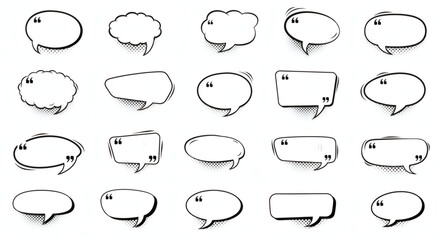 Fototapeta premium Set of comic-style speech bubbles in black and white, ideal for quotes, captions, and pop art design on a clean background.