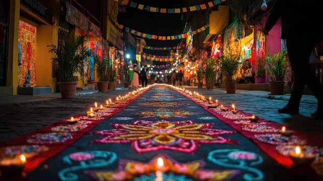 Festive diwali night scene with a long diya lit rangoli in the middle of a street for Diwali celebration in India. Deepavali, Festival of Lights, Dipawali - Hindu Celebration, Indian Cultural Festival