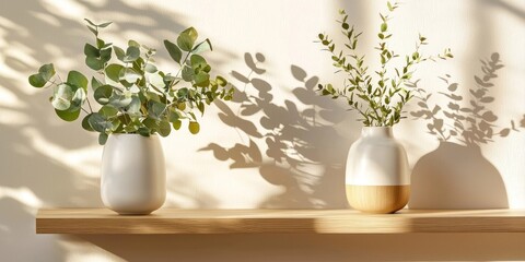 Fototapeta premium Three vases with foliage on a wooden shelf, casting shadows on a light-colored wall.