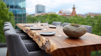 Live edge dining table set with gray chairs and tableware set against a blurred city backdrop with greenery