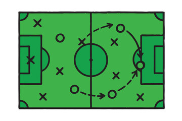 Vector illustration of football game tactical plan, featuring field layout, player positions, and strategy arrows, designed for sports analysis and coaching purposes.

