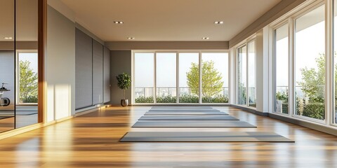 Fototapeta premium A serene yoga studio with large windows offering a view of a green outdoor area, featuring yoga mats neatly aligned on the floor and a mirror on the wall.