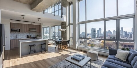 Fototapeta premium A modern, urban apartment with a panoramic view of the city skyline, featuring a spacious kitchen and living area with large windows.