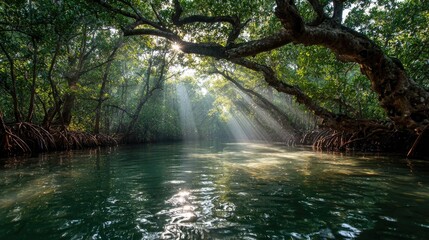 Sunlight streams through mangrove forest canopy